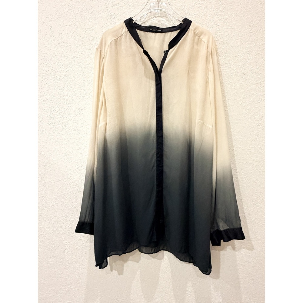 Eileen Fisher 100% Silk Blouse 1X XL Ombre Black Cream Long Sleeve Quiet Luxury